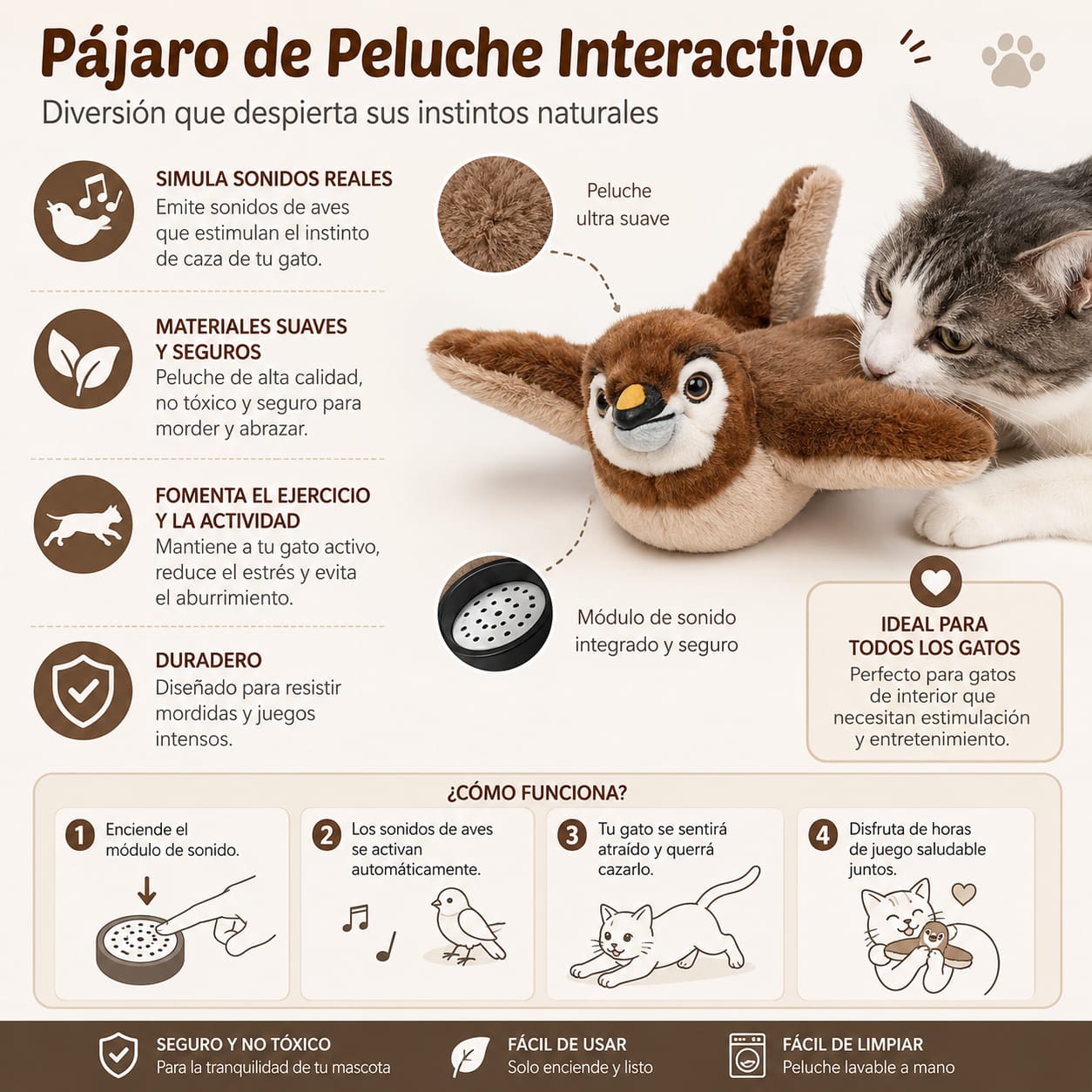 pájaro de peluche interactivo gatos