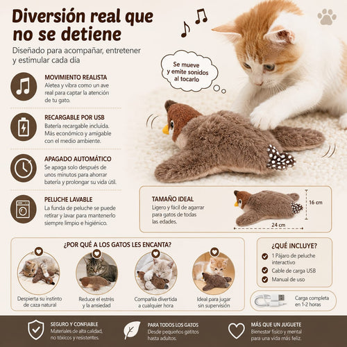 pájaro de peluche interactivo gatos